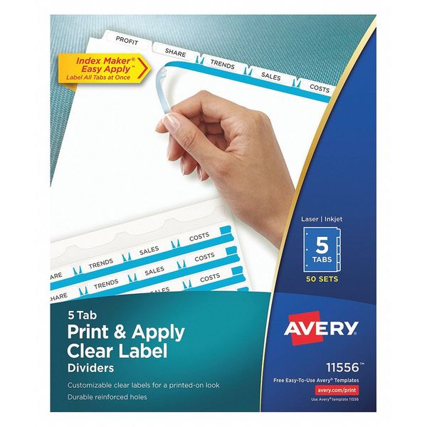 Avery Dennison Printable Index Dividers, 5 Tab, White, Pk50 11556