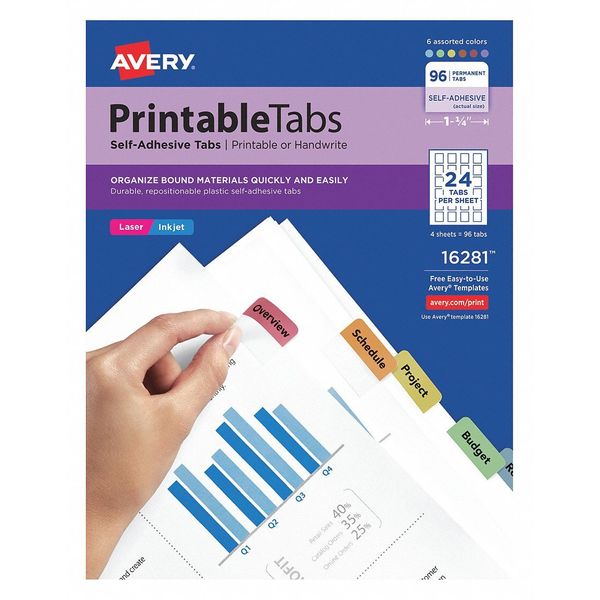 Avery Dennison Printable Tabs, 1-1/4", Assorted, PK96 16281