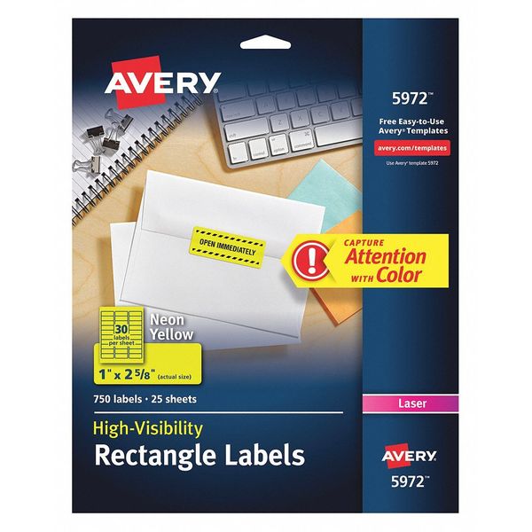Avery Dennison Laser Labels, 1x2-5/8, Yellow, PK750 5972