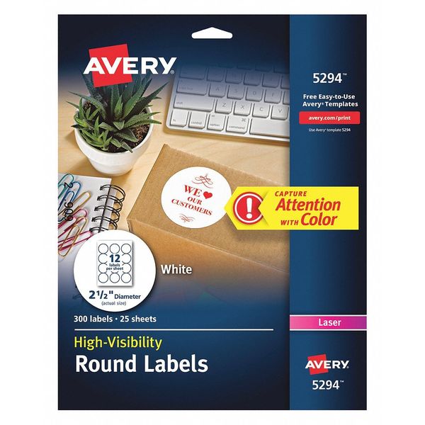 Avery Dennison 2-1/2" White High Visibility Round Labels, 25 Sheets, PK300 5294