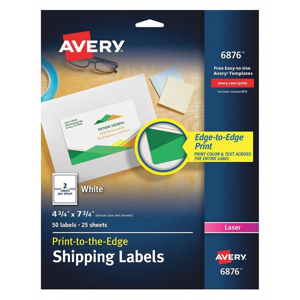 Avery 6876 $14.30 Laser Label Color Print 2Up, White, PK50 | Zoro.com
