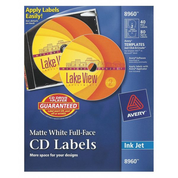 Avery Dennison Inkjet Full Face CD Labels, Ink Jet 8960, Pk40 8960