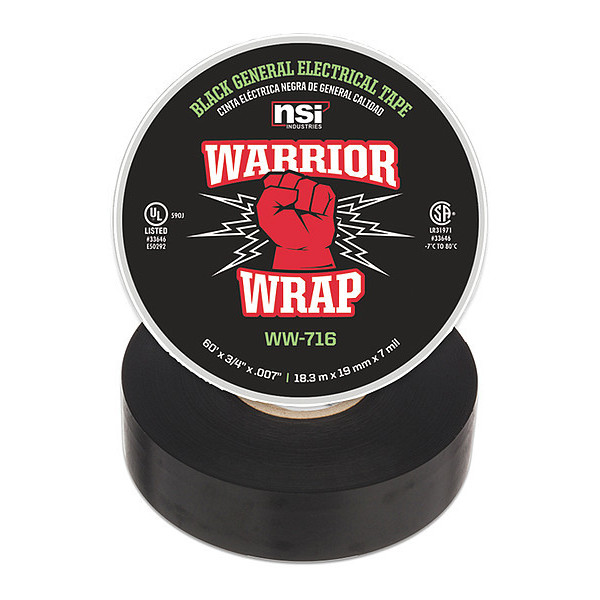 Warriorwrap Electrical Tape, Vinyl, 7 mil, Black WW-716