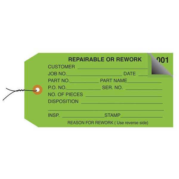 Partners Brand Inspection Tags, 2 Part, Numbered 001-499, Pre-Wired, "Repairable or Rework", 4 3/4" x 2 3/8", Green, 500/Case G21033