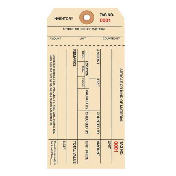 Partners Brand Inventory Tags, 1 Part Stub Style #8, (000-0999), 6 1/4" x 3 1/8", Manila, 1000/Case G18011