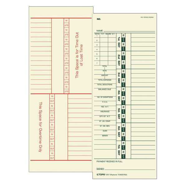 Tops Time Card for Acroprint/Simplex, PK500 1257