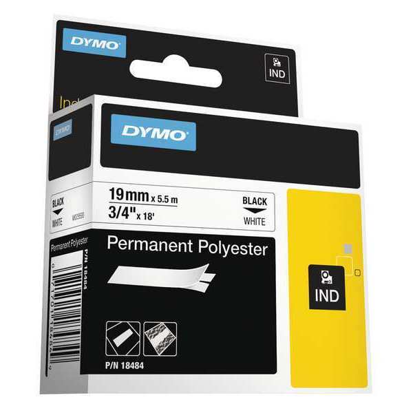 Dymo Label Tape, 0.25", Perm, Poly, White/Black 18484