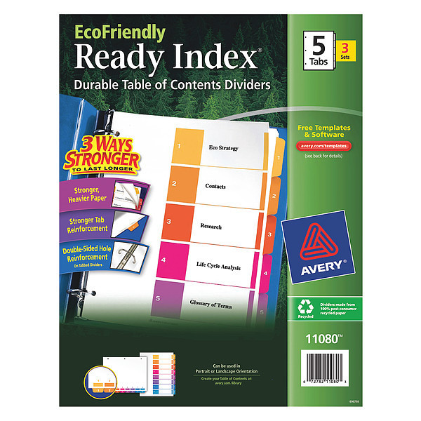 Avery Dennison Table of Contents Index Divider 5 Tabs, Recycled, Pk3 11080