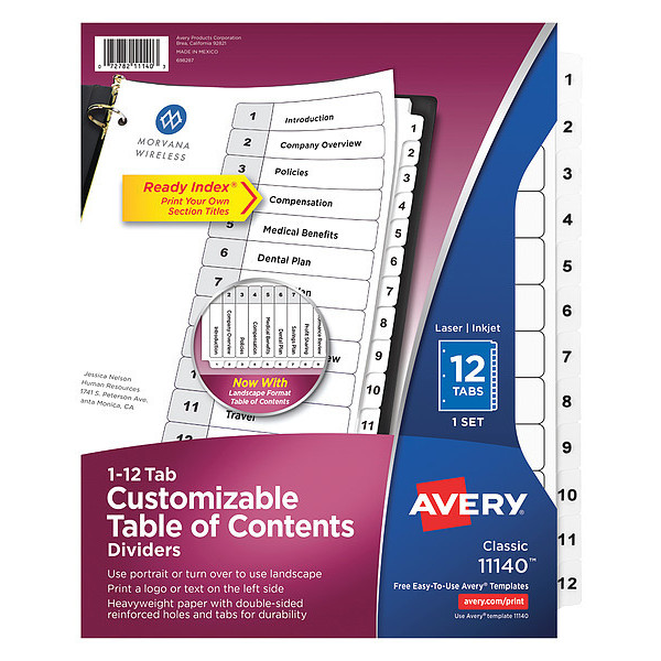 Avery Dennison Table of Contents Index 8-1/2 x 11", White, PK12 11140