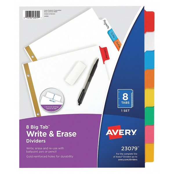 Avery Dennison Write & Erase Index Dividers 8-1/2 x 11", 8 Tab, Multicolor 23079