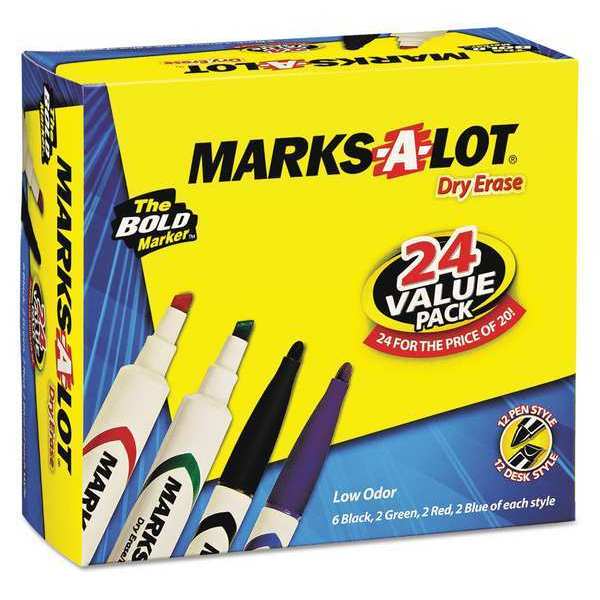 Marks-A-Lot Dry Erase Markers, Assorted, PK24 29870