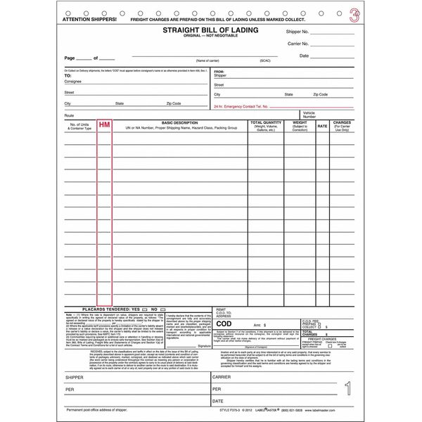 Labelmaster Straight Bill Of Lading Form, 3Pt, PK100 F375-3