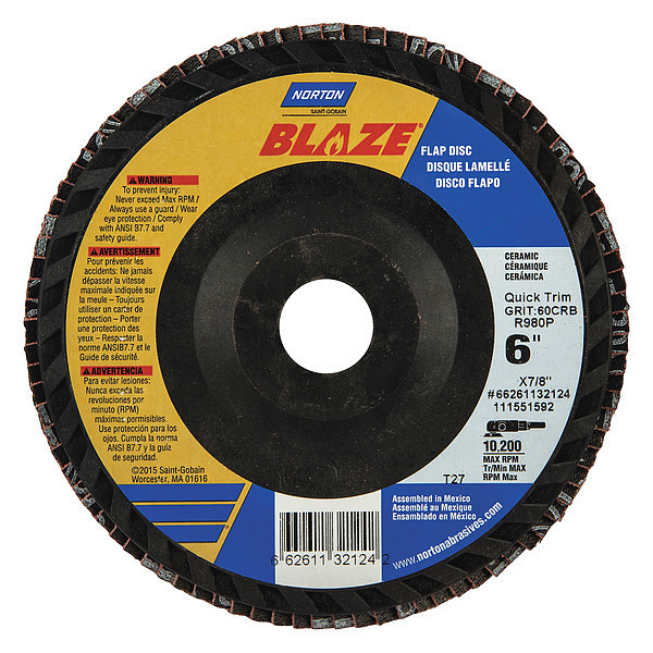 Norton Abrasives Flap Disc, Medium, 60 Grit, 6" dia. 66261132124