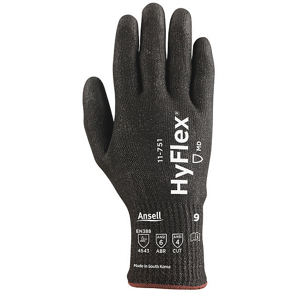 Ansell Hyflex Cut-Resistant Coated Gloves, A4 Cut Level, Polyurethane, Black, Large (Size 9), 1 Pair 11-751 VEND