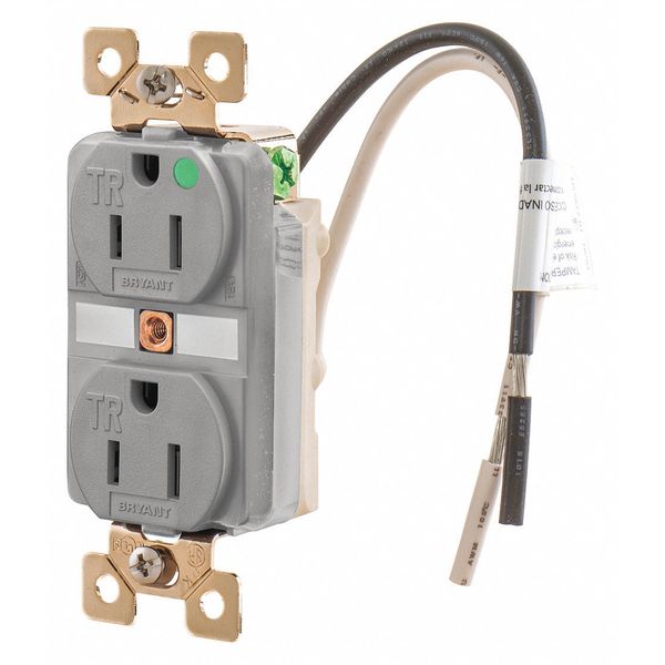 Zoro Select Receptacle, 15 A Amps, 125V AC, Flush Mount, Standard Duplex Outlet, 5-15R, Gray BRY8200GTR