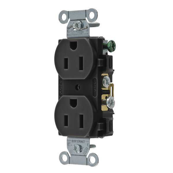 Zoro Select Receptacle, 15 A Amps, 125V AC, Flush Mount, Standard Duplex Outlet, 5-15R, Black CBRS15BLK