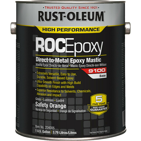 Rust-Oleum Paint, Safety Orange, Gloss, 1 gal, 125 to 225 sq ft/gal, 9100 Series 204005