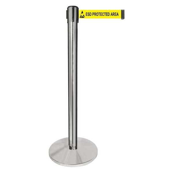 Queueway Barrier Post, Silver, Yellow/Blk Text Belt QPLUS-1P-ESD