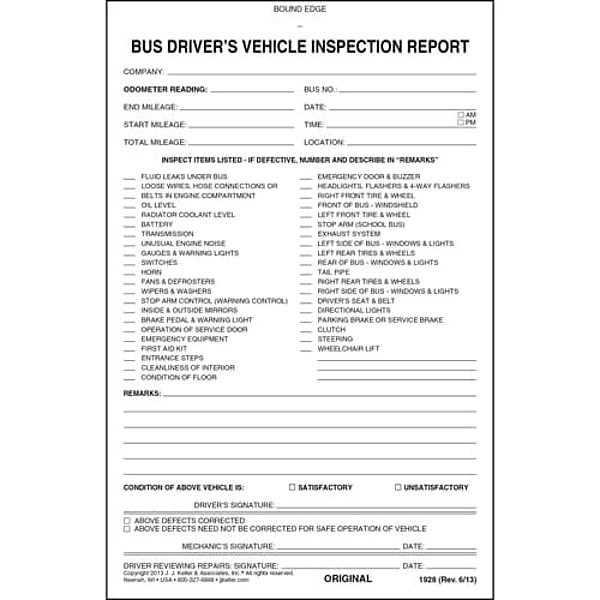 Jj Keller Bus Driver Vehicle Inspection Report 1928