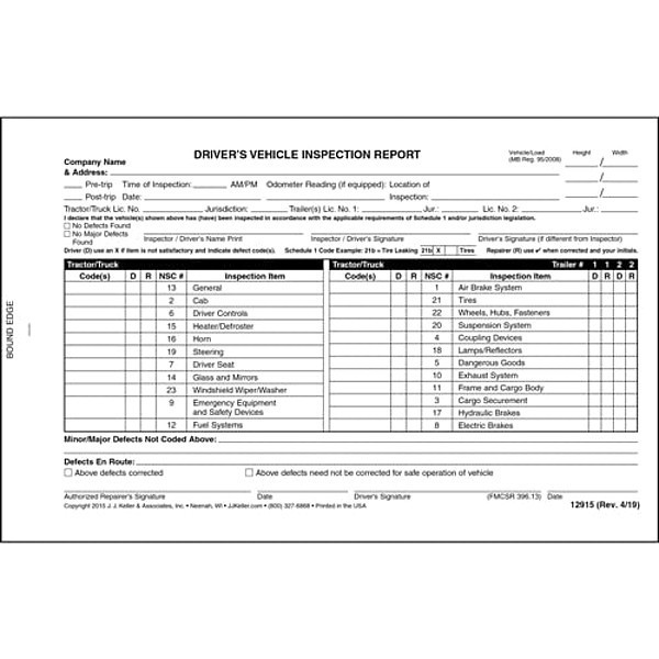 Jj Keller Canadian Driver Vehicle Inspection Form 12915 | Zoro