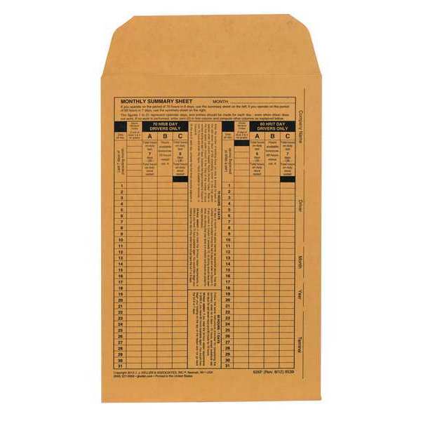 Jj Keller Monthly Log Summary, Envelope, Carbonless 8539