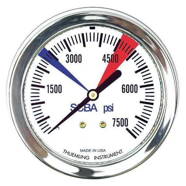 Thuemling Pressure Gauge, 0 to 7500 psi, 1/4 in MNPT, Stainless Steel, Black SC-SCBA-7500-color zone