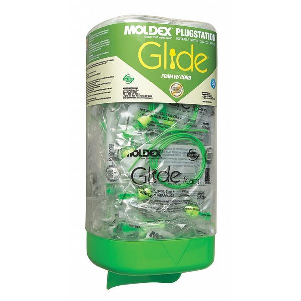Moldex Glide Ear Plugs Dispenser with Refill, Corded, Pod Shape, NRR 30 dB, Hi-Vis Green, M, 150 Pairs 6883