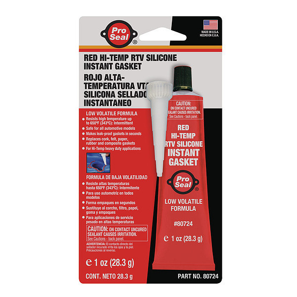 Pro Seal Gasket Maker RTV Silicone Sealant, 1 oz., Red, Temp Range -75 to 650 Degrees F 80724