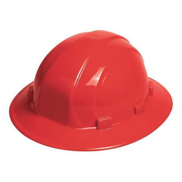 Erb Safety Full Brim Hard Hat, Type 1, Class E, Ratchet (6-Point), Red 19914