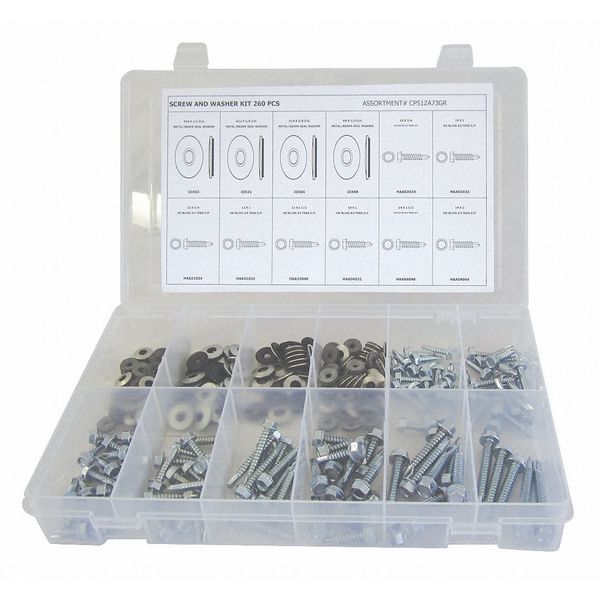 Zoro Select Screw and Washer Assortment Self-Drilling Screw and Washer Assortment, Steel, Zinc Plated Finish CPS1ZA73GR