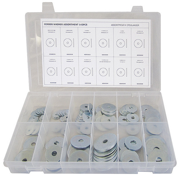 Zoro Select Fender Washer Assortment, Steel, Zinc Plated Finish, 143 PCS CPS1LAA1GR