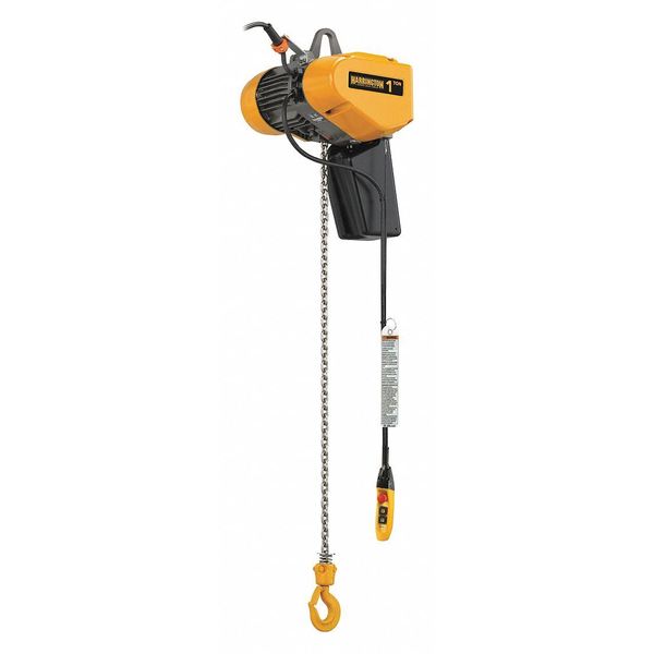 Harrington Electric Chain Hoist, 250 lb, 20 ft, Hook Mounted - No Trolley, 460V, Yellow EQ001SD-20