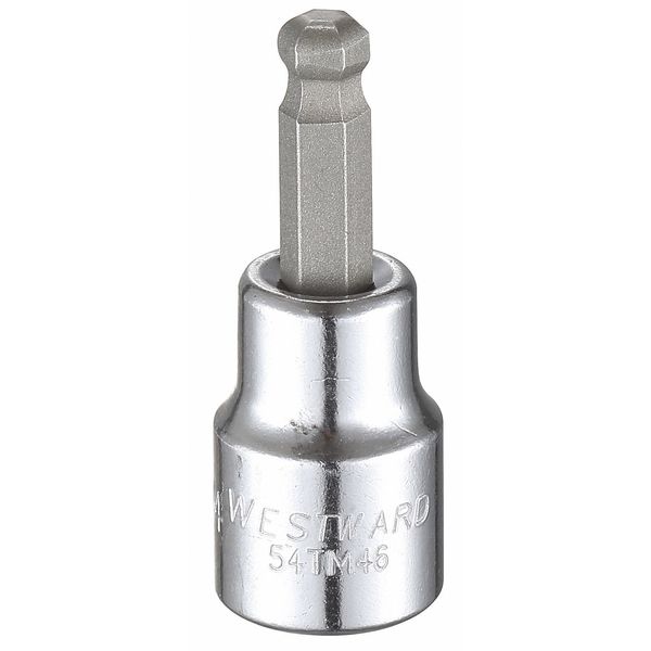 Westward 3/8 in Drive Ball Hex Socket Bit SAE 1/4 in Tip, 1 7/8 in L 54TM46