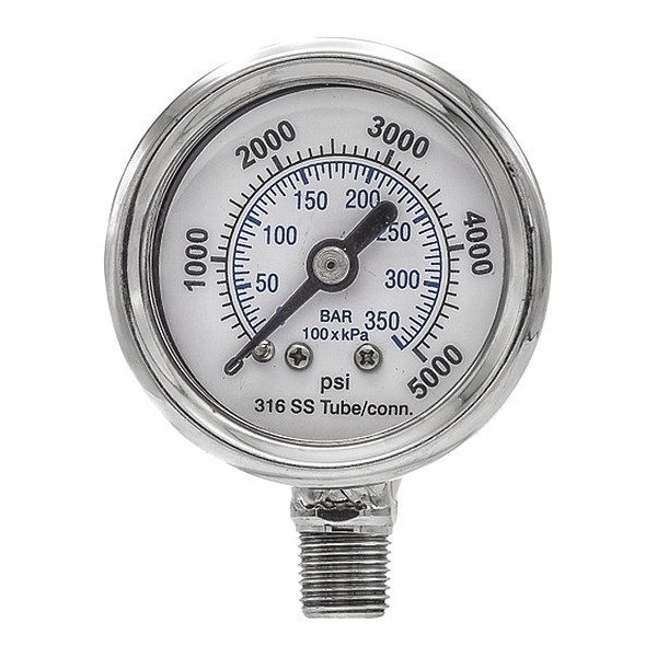 Pic Gauges Pressure Gauge, 0 to 5000 psi, 1/8 in MNPT, Silver PRO-301D-158R-01