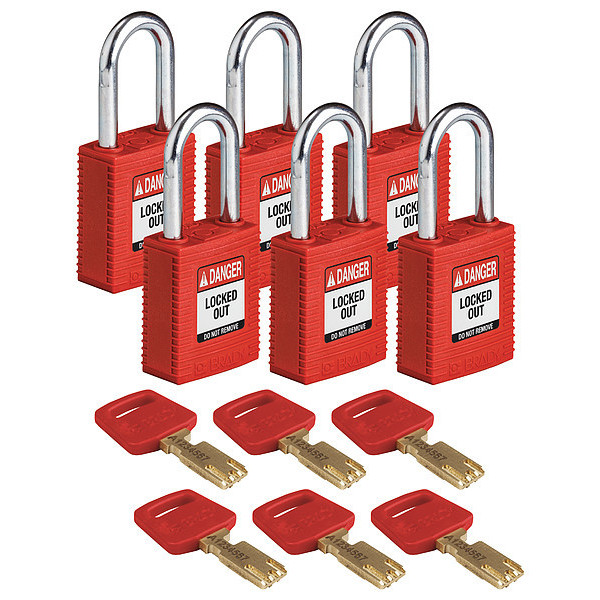 Brady Lockout Padlock, Nylon, Red, 1/2" W, PK6 NYL-RED-38ST-KA6PK