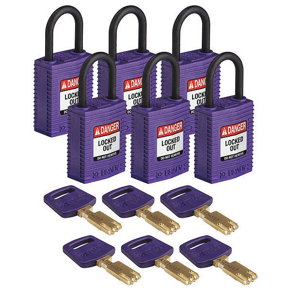 Brady Lockout Padlock, Nylon, 6 Keys, Purple, PK6 CPT-PRP-25PL-KD6PK