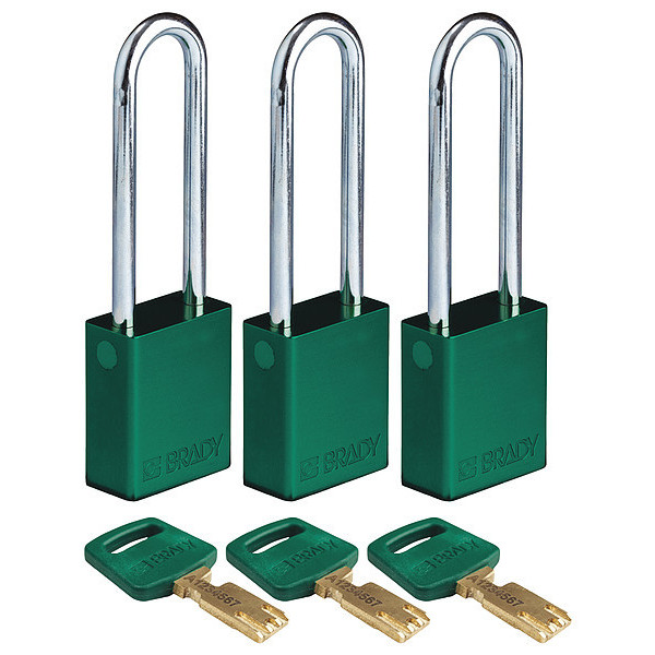 Brady Lockout Padlock, Al, 1/4" W, Green, PK3 ALU-GRN-76ST-KA3PK