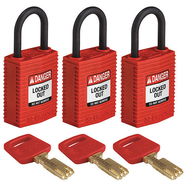 Brady Lockout Padlock, Nylon, Red, PK3 CPT-RED-25PL-KA3PK