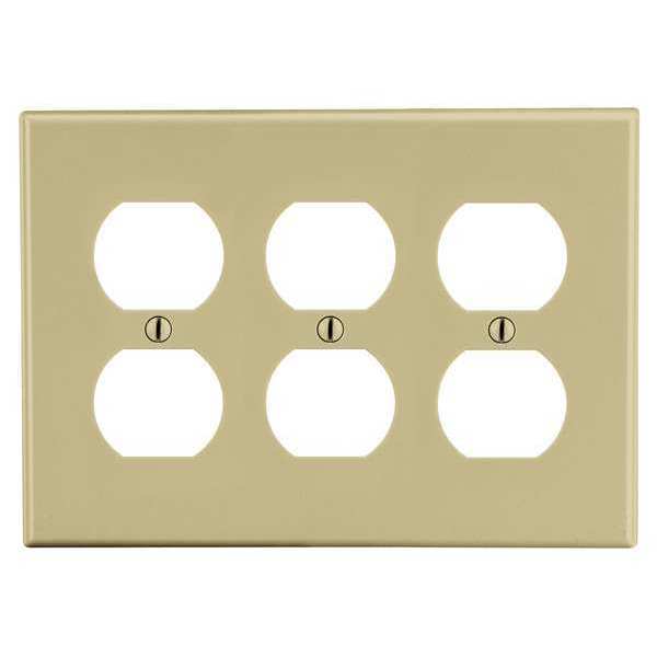 Hubbell Duplex Receptacle Wall Plate, Number of Gangs: 3 Plastic, Smooth Finish, Ivory P83I