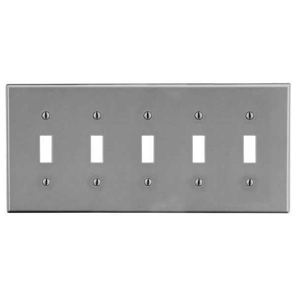 Hubbell Toggle Switch Wall Plate, Number of Gangs: 5 Plastic, Smooth Finish, Gray P5GY