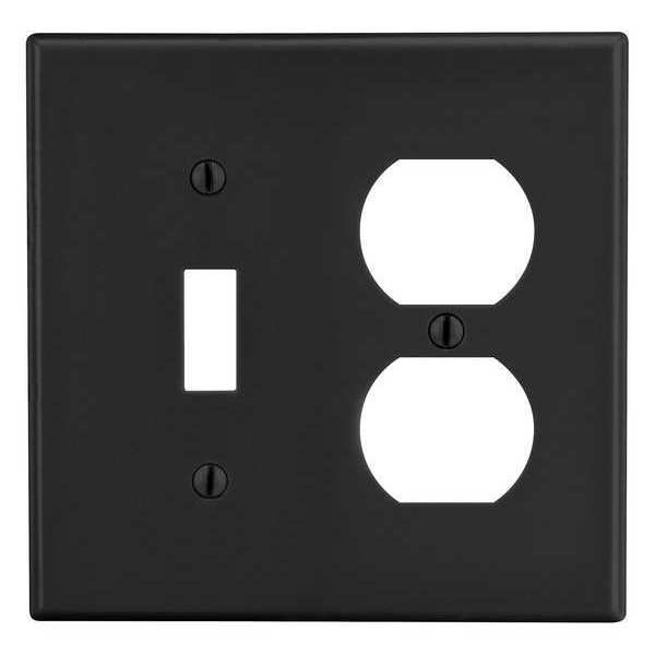 Hubbell Duplex Receptacle Wall Plate, Number of Gangs: 2 Plastic, Smooth Finish, Black P18BK