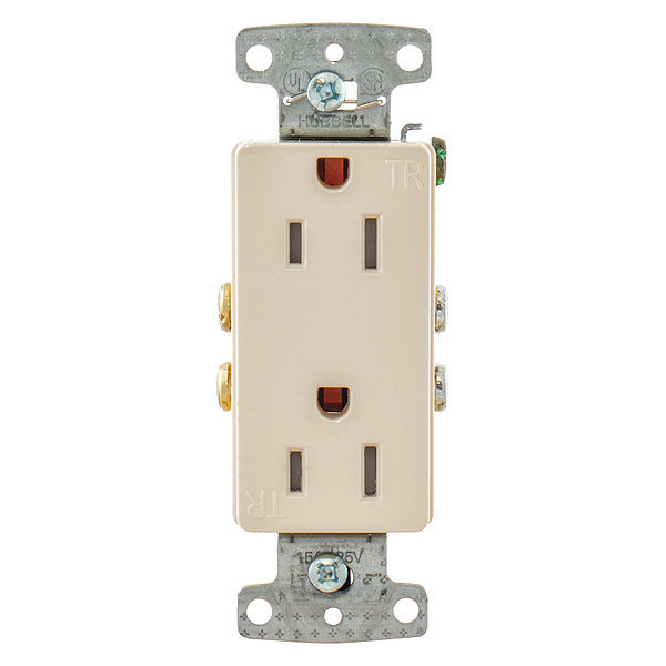 Hubbell Receptacle, 15 A Amps, 125V AC, Flush Mount, Decorator Duplex Outlet, 5-15R, Light Almond RRD15SLATR