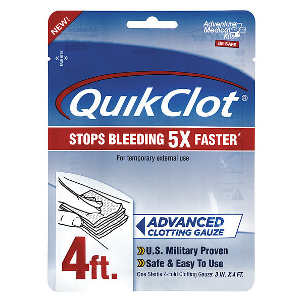 Quikclot Gauze Pad, White, 4-1/2" L, 1/2" W, Sterile, Standards: FDA 5020-0026