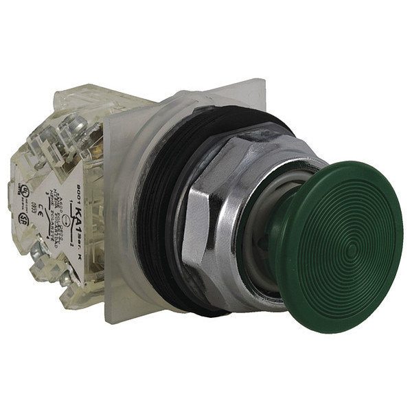 Schneider Electric Push Button, 30 mm, 1NC/1NO, Green 9001KR4GH13