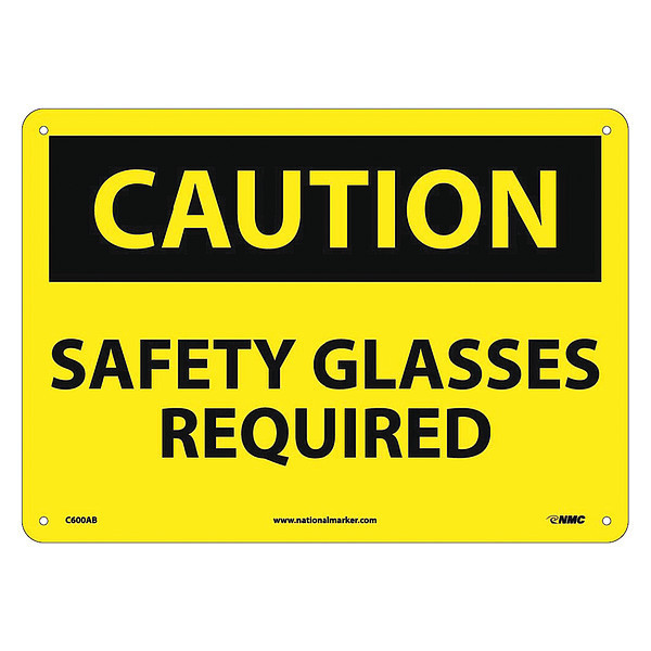 Nmc Caution Safety Glasses Required Sign, 10 in Height, 14 in Width, Aluminum C600AB