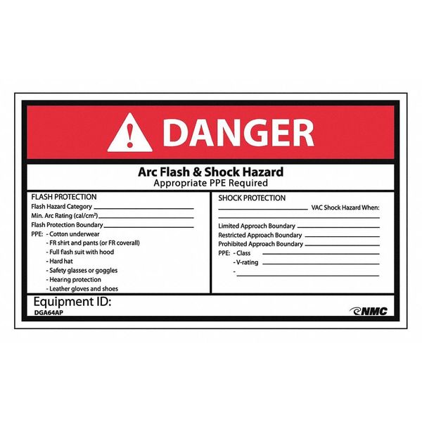 Nmc Danger Arc Flash And Shock Hazard Label, Pk5, DGA64AP DGA64AP