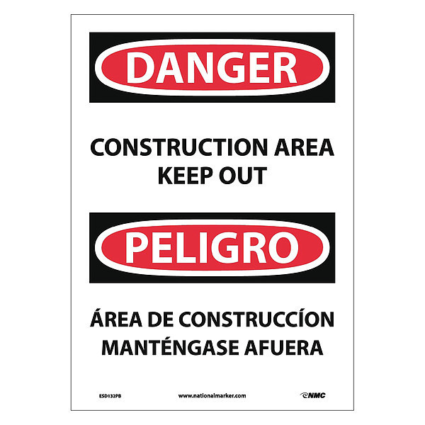 Nmc Danger Construction Area Keep Out Sign, B, 14 in Height, 10 in Width, Pressure Sensitive Vinyl ESD132PB