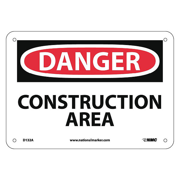Nmc Danger Construction Area Sign, 7 in Height, 10 in Width, Aluminum D132A