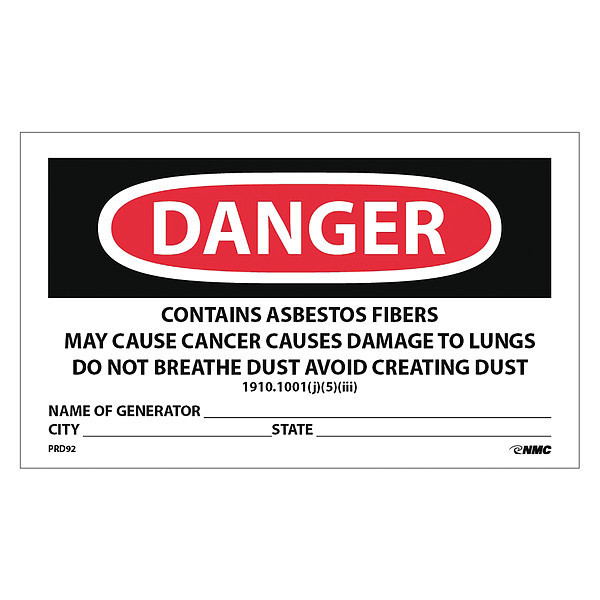 Nmc Danger Contains Asbestos Fibers Hazard Warning Label PRD92