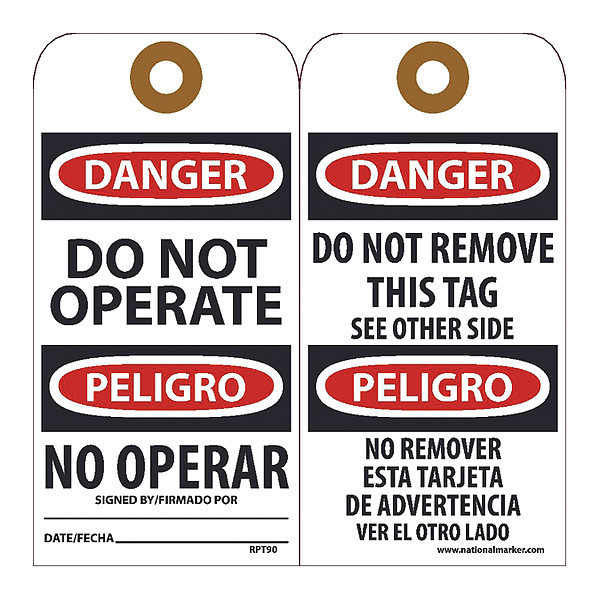 Nmc Danger Do Not Operate Bilingual Tag, Pk25 RPT90G